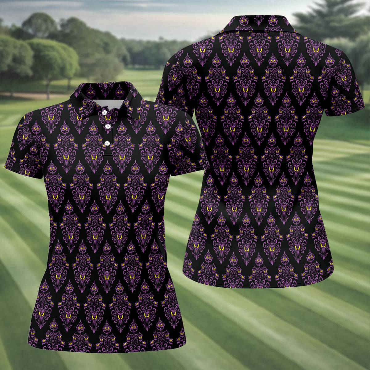 Purple Haunted Demon Faces Halloween Polo Shirt, Printed Golf Shirt, Women’s Golf Apparel
