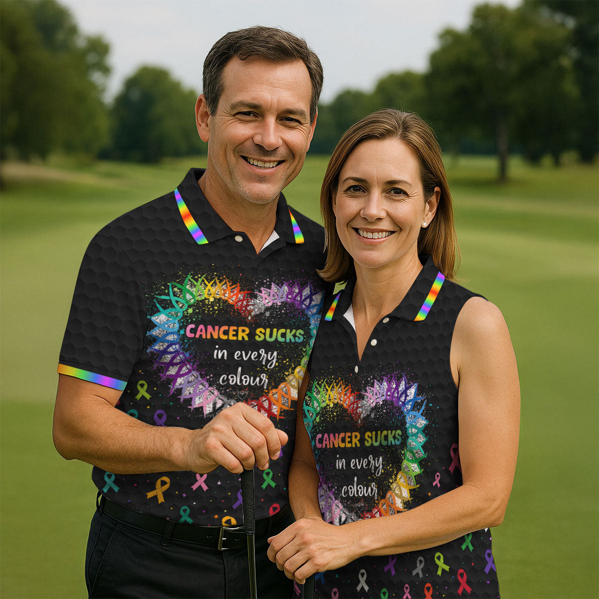Cancer Sucks In Every Colour Awareness Ribbon Golf Polo Shirt, Mens Golf Apparel