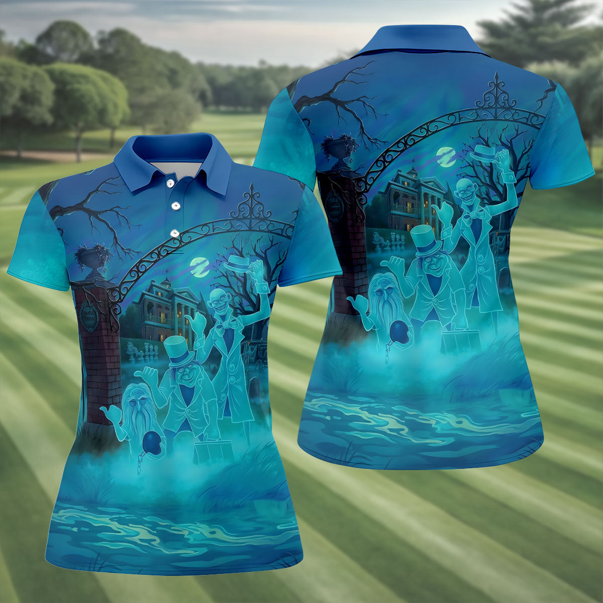 Ghost Trio At Haunted House Gate Halloween Polo Shirt, Women’s Golf Polo, Ladies Golf Top