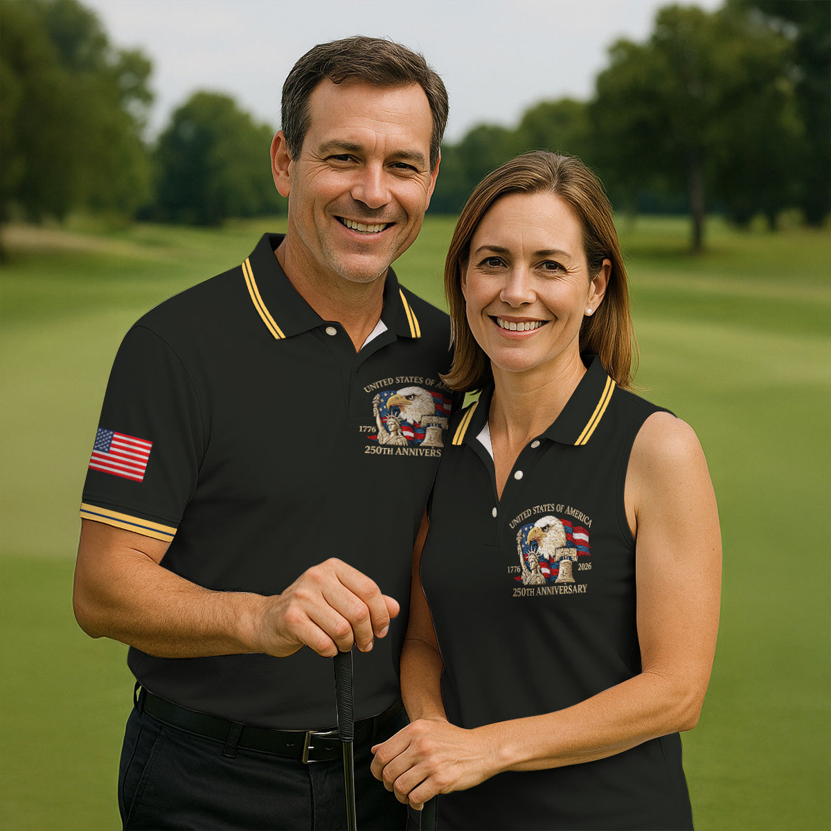 Bald Eagle American Flag 250 Years Black Golf Shirt, Patriotic 4th Of July Golf Shirt For Women
