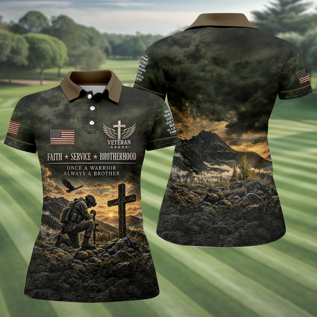 Veterans Day Praying Soldier Cross Polo Shirt, Golf Tops For Women, Ladies Golf Tops