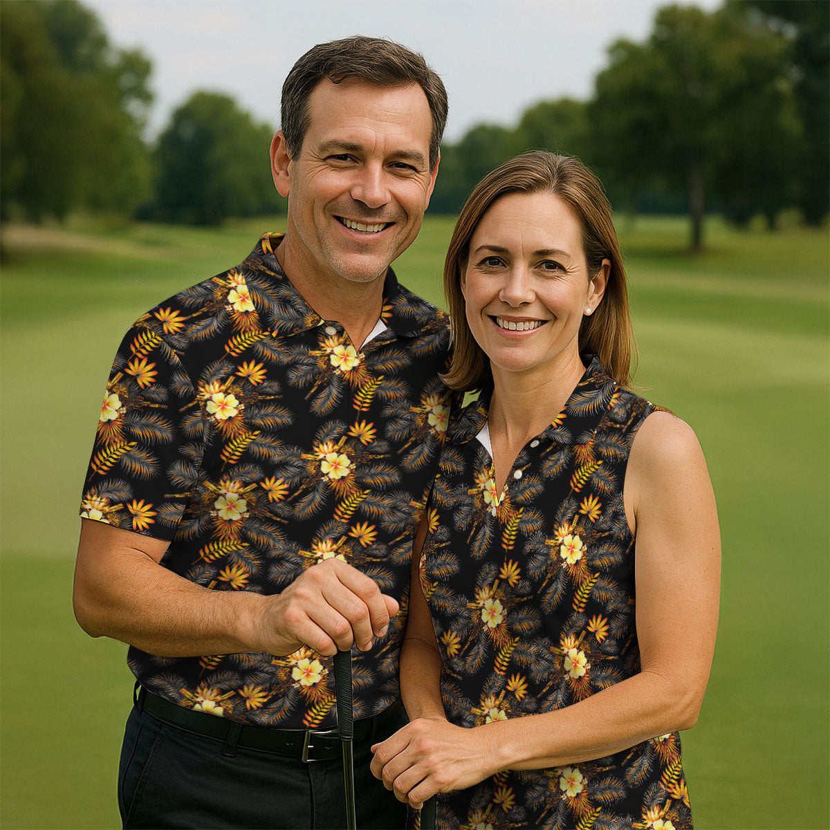 Yellow Hibiscus Flower Black Hawaiian Golf Shirt, Tropical Vibe Golf Shirts For Men