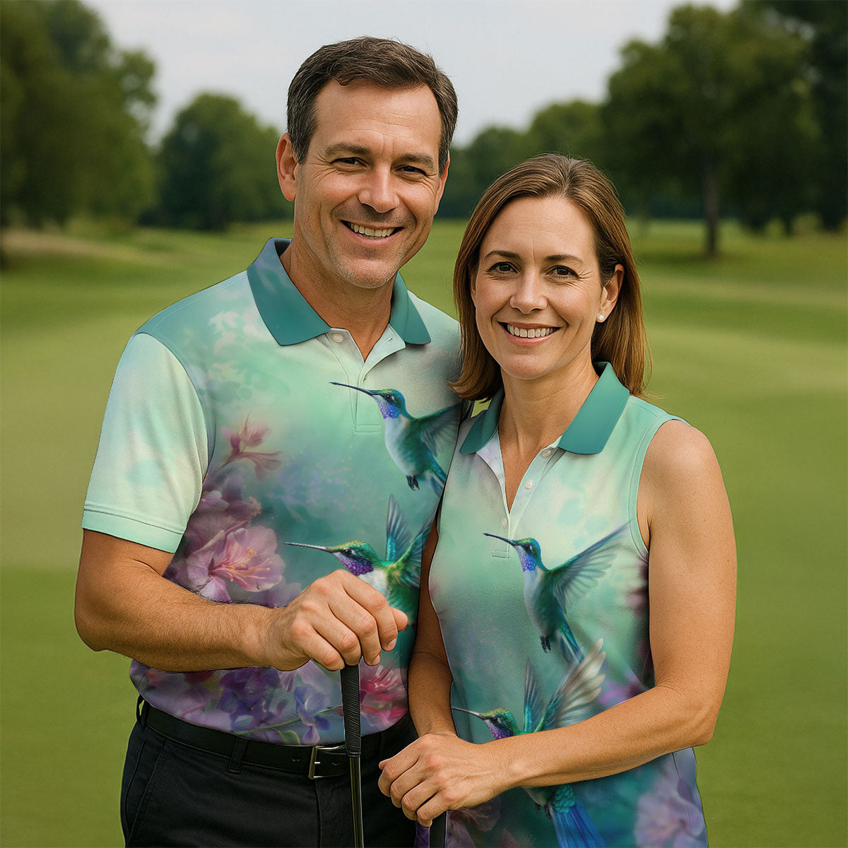 Hummingbird And Floral Garden Polo Shirt, Mens Golf Shirts, Golf Polo Shirts For Men