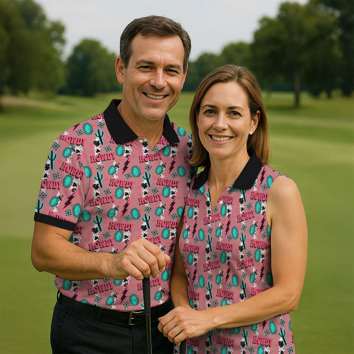 Howdy Pink Lightning Bolts Western Theme Golf Tops For Men, Polo ShirtFor Men, Golf Shirts For Men