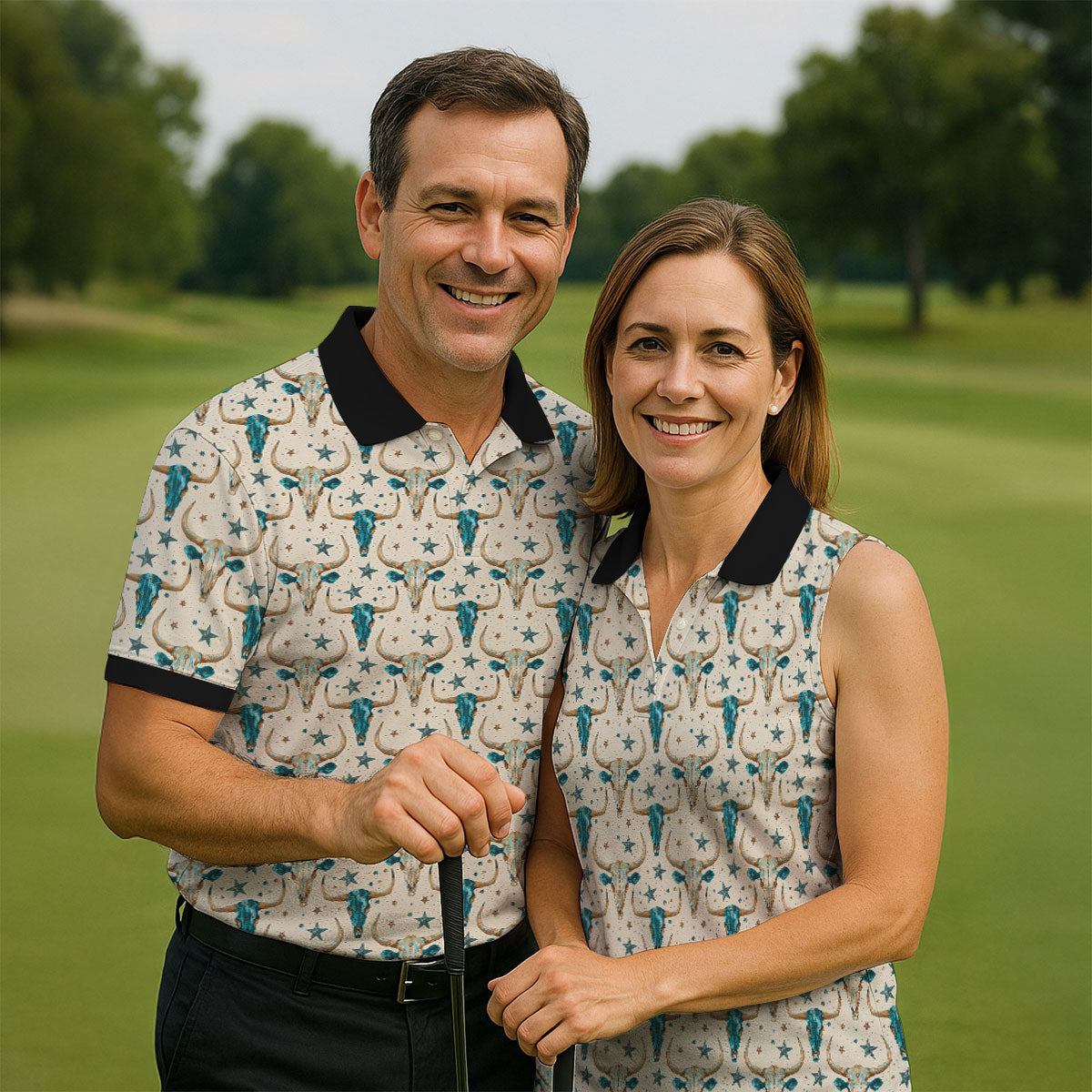 Cow Skulls Turquoise And Beige Western Theme Golf Tops For Men, Polo ShirtFor Men, Golf Shirts For Men