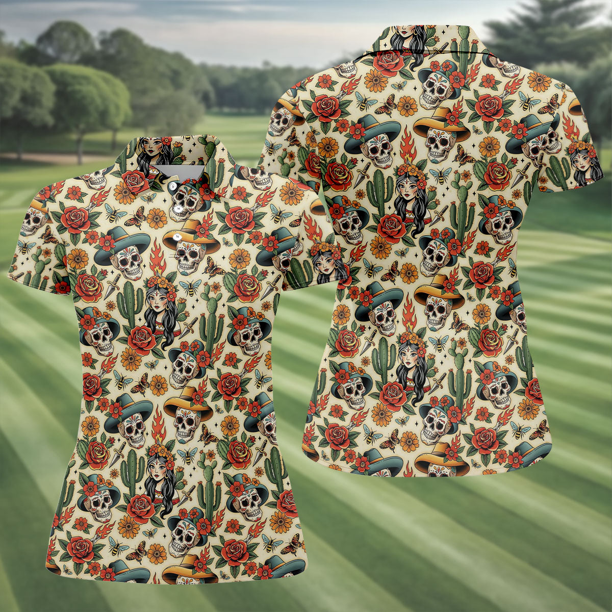 Day Of The Dead Sugar Skull Floral Polo Shirt, Womens Golf Polo, Hawaiian Golf Shirt