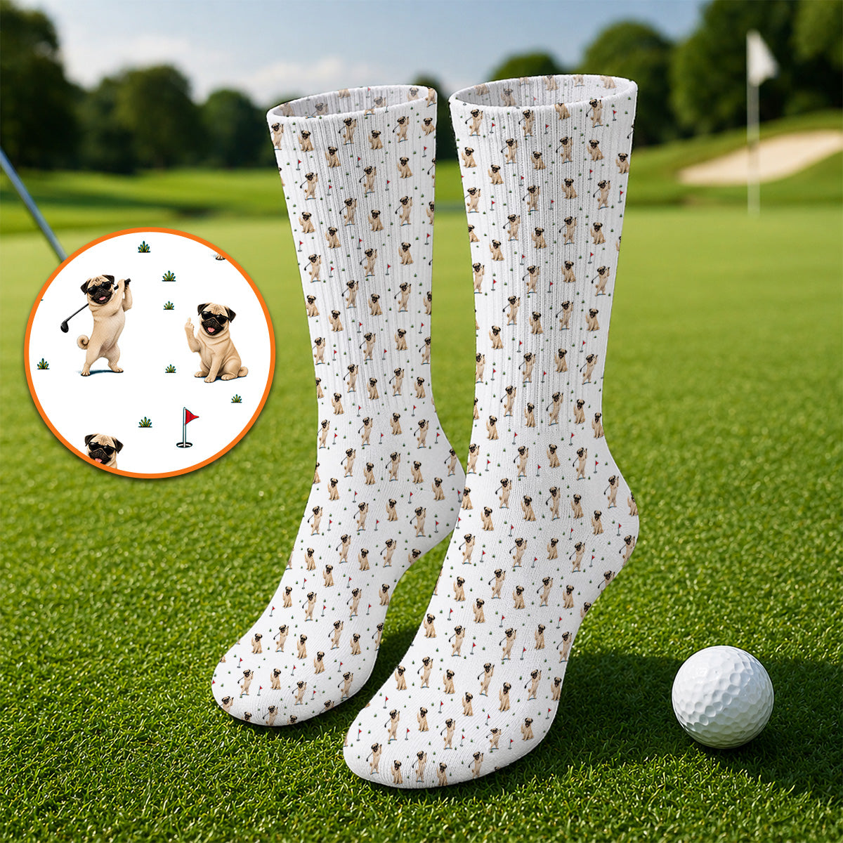 Pug Pattern Golf Socks, Funny Pug Golf Sock, Crazy Golf Gift For Golfer