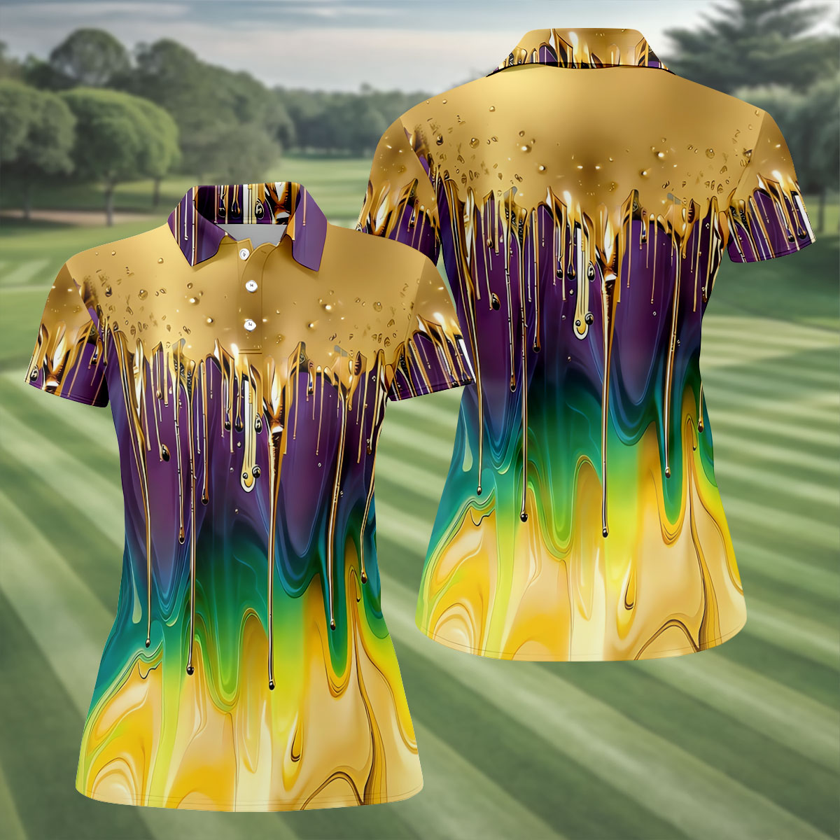 Purple Green Gold Dripping Effect Mardi Gras Golf Shirt, Women's Golf Shirts, Ladies Golf Polos