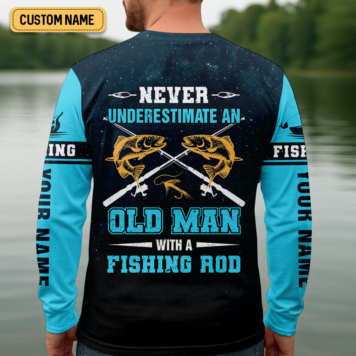 Never Underestimate An Old Man With A Fishing Rod Custom Name UPF Shirts, Men's Fishing Shirt