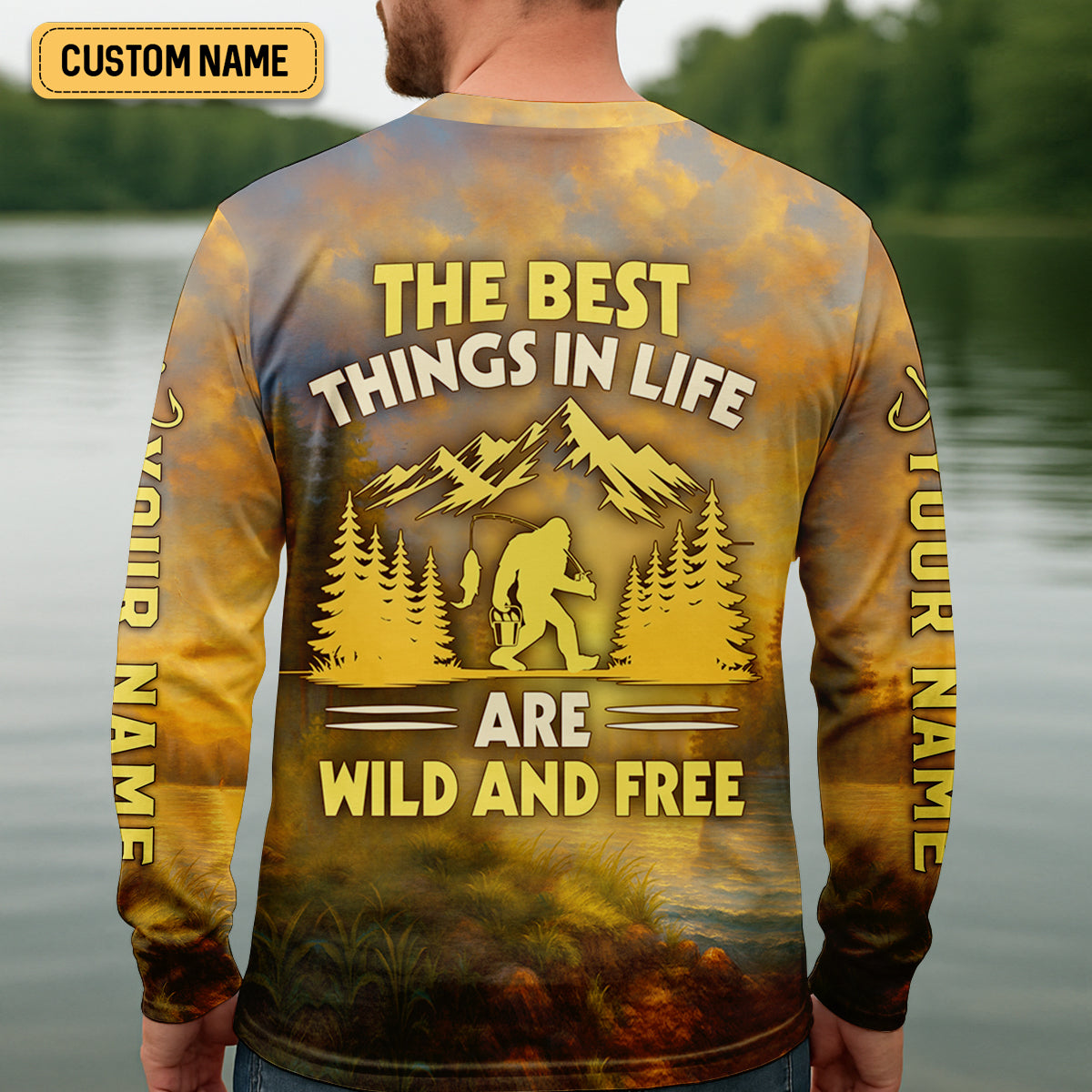 The Best Things In Life Are Wild And Free Bigfoot Sunset Funny Fishing Shirt, SPF Shirt For Men