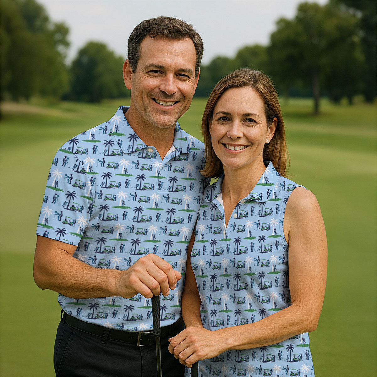 Funny Golf Cart Couple Pattern Men's Golf Shirt, Hawaiian Golf Shirt, Golf Apparel For Men