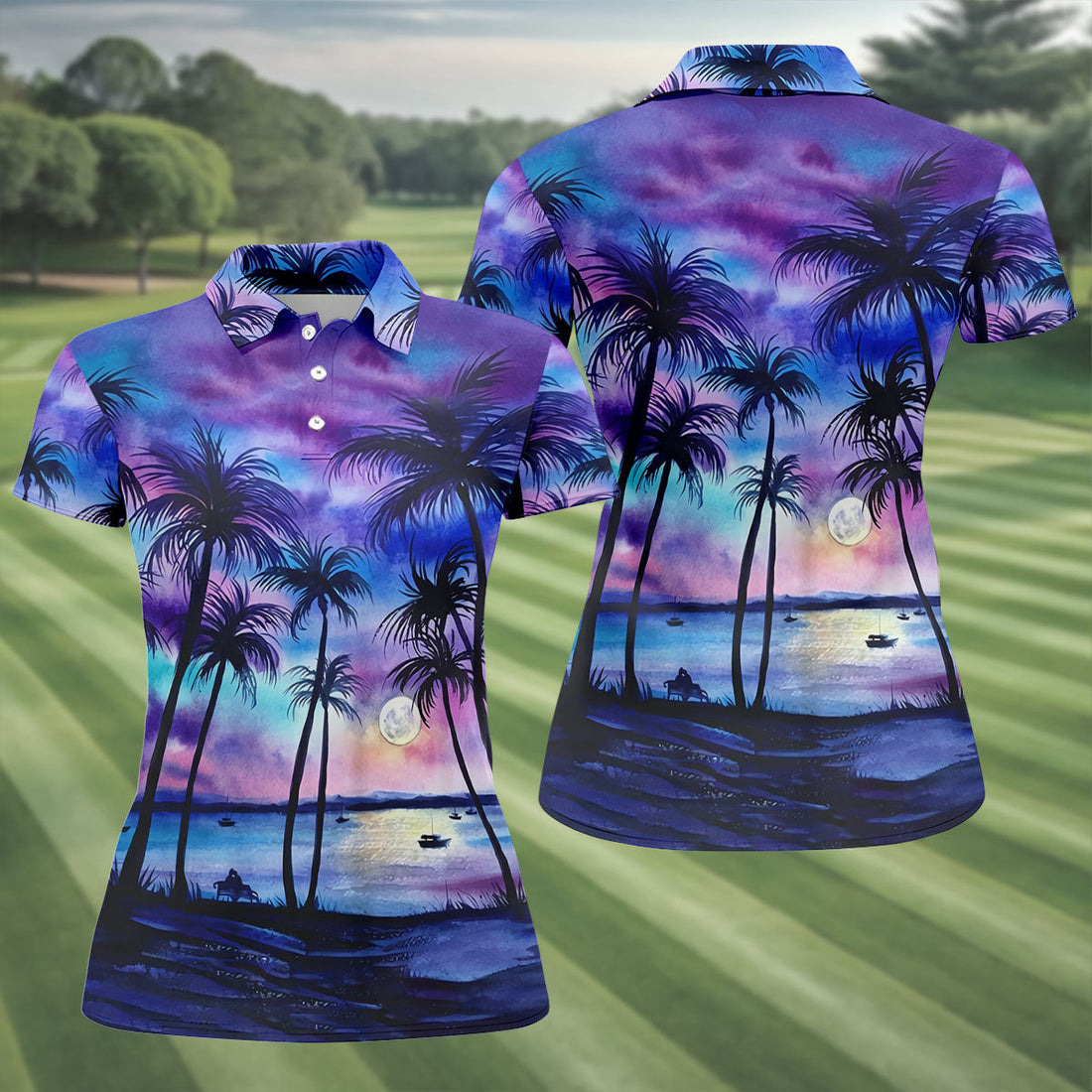 Moonlit Tropical Beach Palm Tree Golf Shirt, Women's Golf Shirt, Hawaiian Golf Shirt, Golf Polo For Women