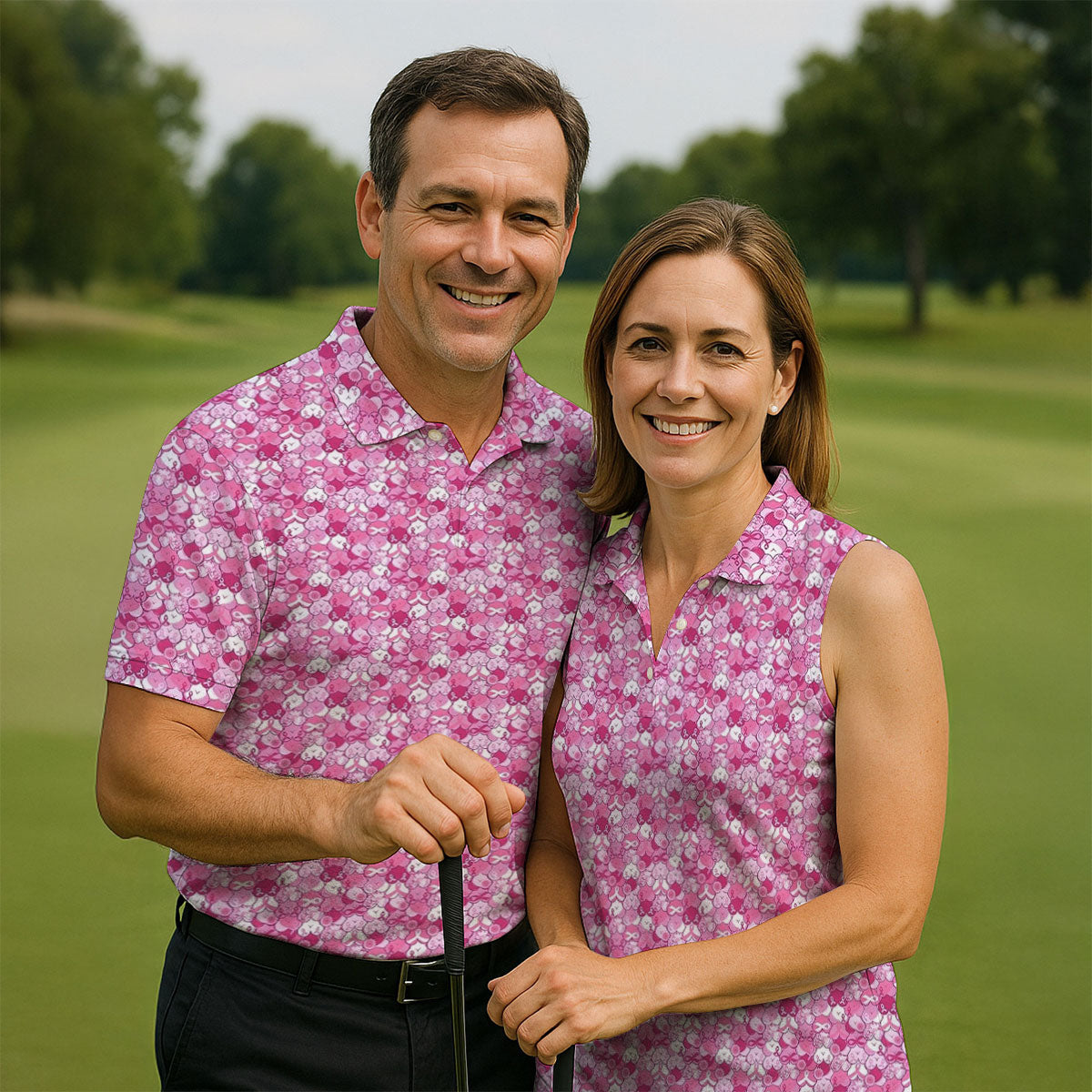 Pink Breast Cancer Hearts And Ribbons Polo Shirt, Golf Shirts For Men, Mens Golf Polo