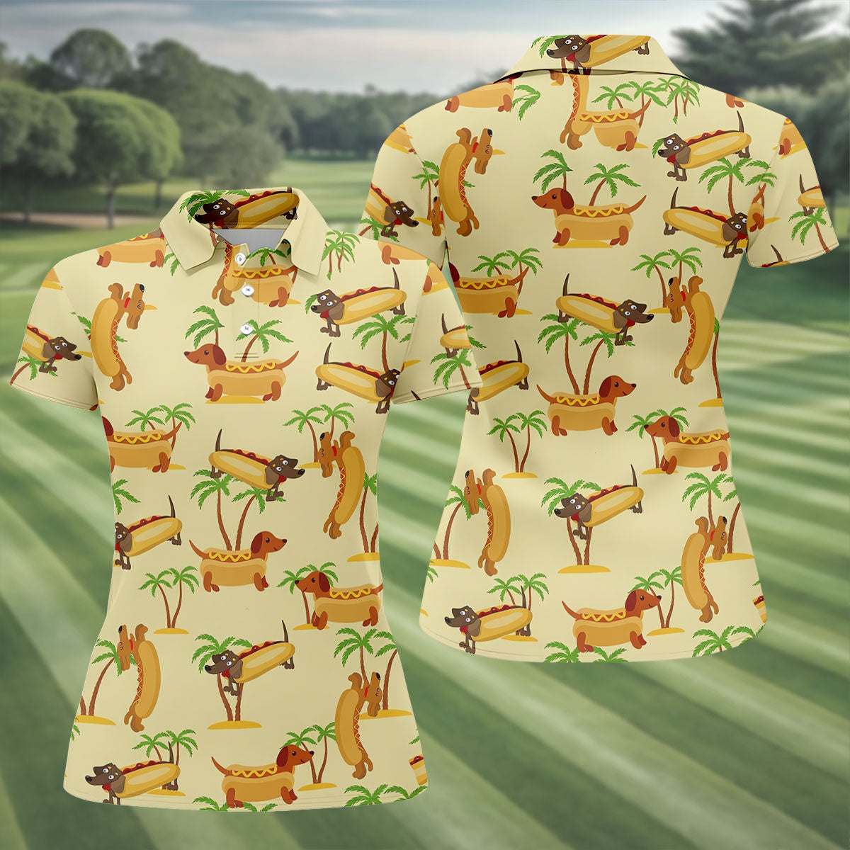 Funny Hot Dog Dachshund Tropical Hawaiian Golf Shirt, Golf Polo For Women, Printed Golf Shirt