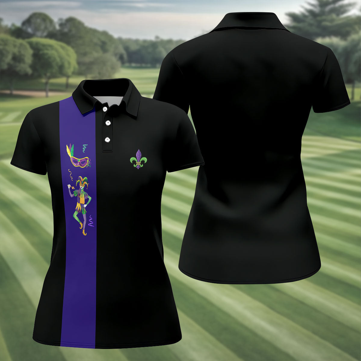 Mardi Gras Festival Jester Figure Fleur De Lis Symbol Black Golf Shirt, Women's Golf Tops, Ladies Golf Polos