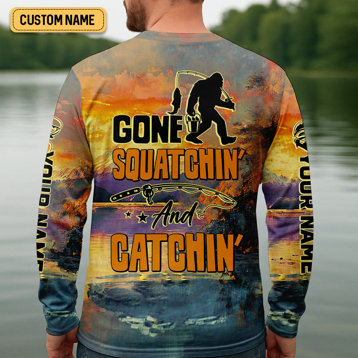 Gone Squatchin And Catchin UFO Bigfoot Fishing UPF Shirts, Fishing Gifts For Men, Fishing Shirts For Men