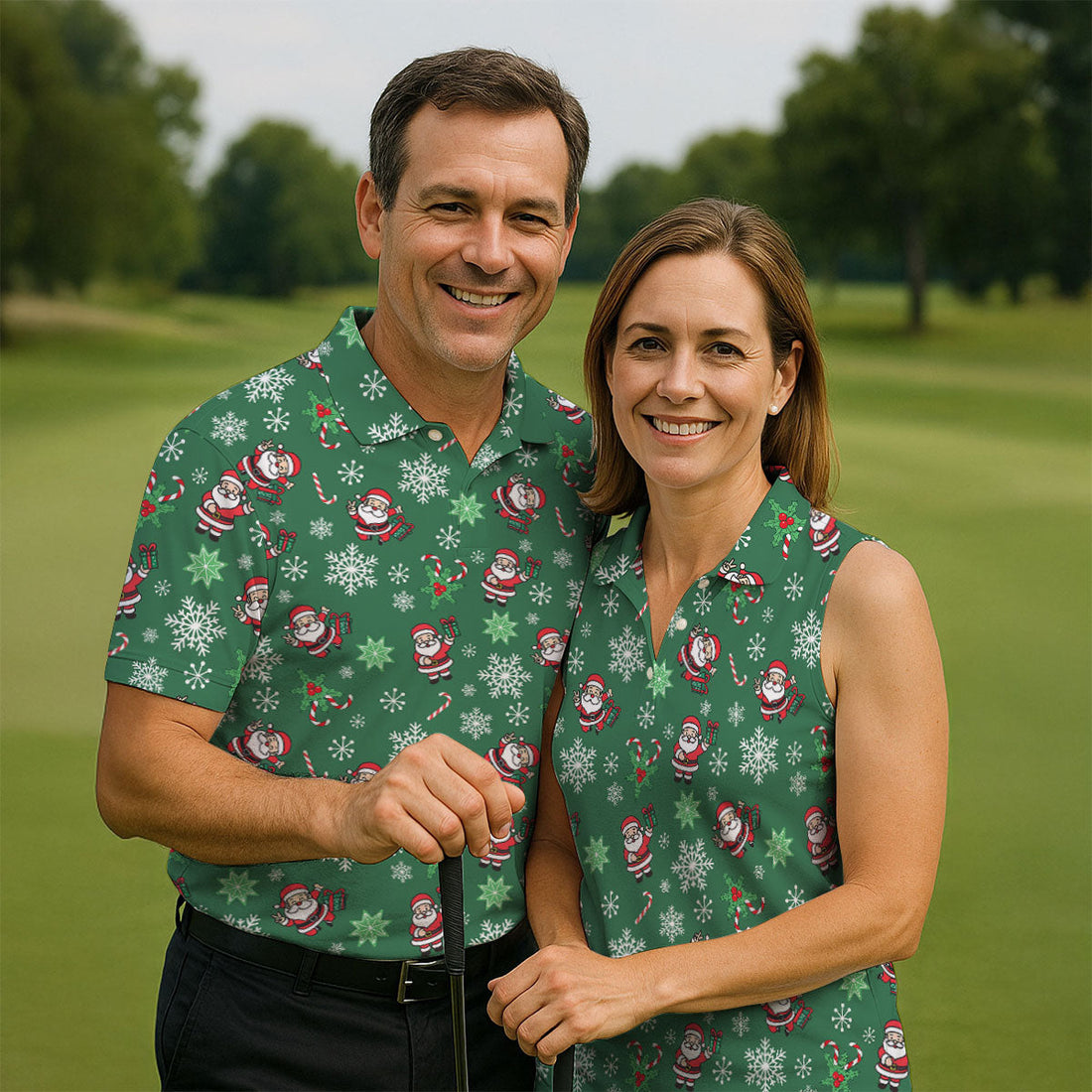 Santa Claus Pattern Christmas Green Golf Tops For Men, Christmas Golf Shirt, Polo ShirtFor Men