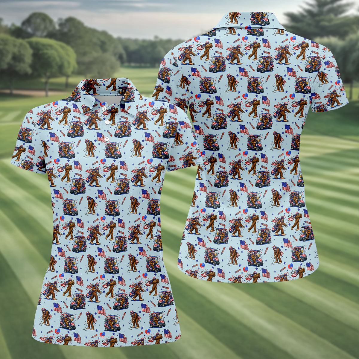 Funny Bigfoot 4th Of July American Flag Pattern Light Blue Women Golf Top, 250th Anniversary Patriotic Golf Shirt