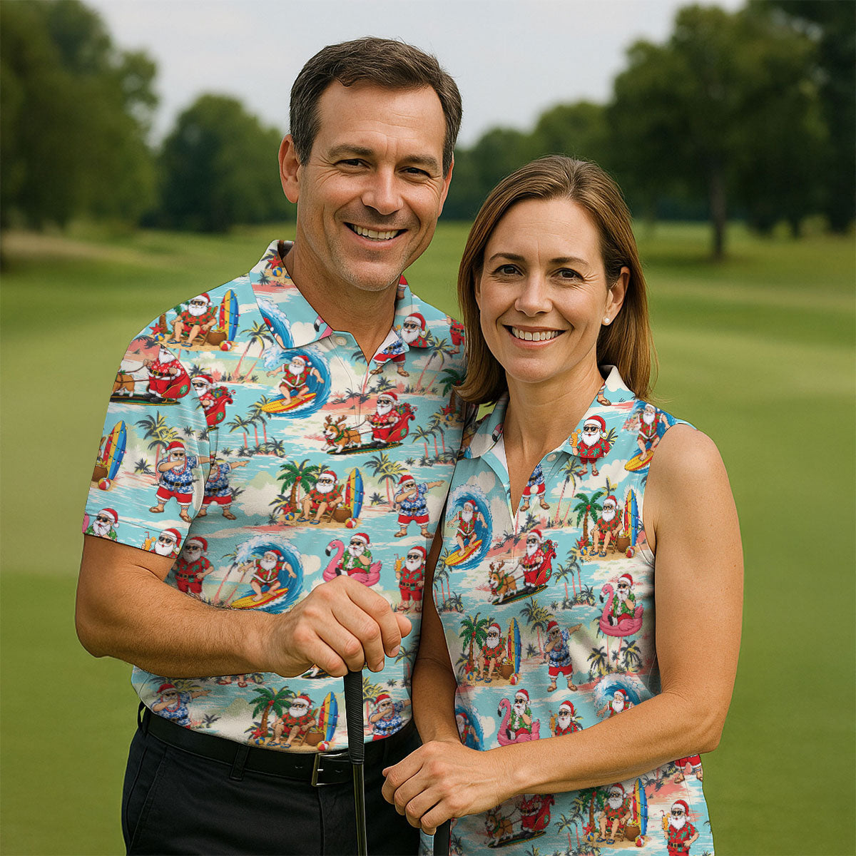 Funny Tropical Santa Beach Christmas Polo Shirt, Womens Golf Polo, Hawaiian Golf Shirt