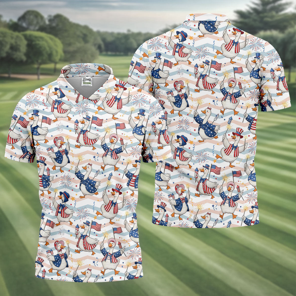 Patriotic Duck American Flag Fireworks Polo Shirt, Mens Golf Polo, Golf Shirts For Men