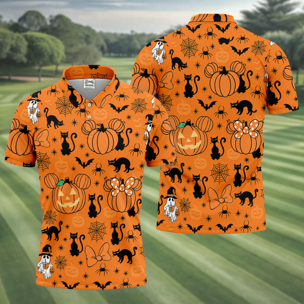 Black Cat and Pumpkin Halloween Polo Shirt, Golf Polo Apparel, Mens Golf Outfit