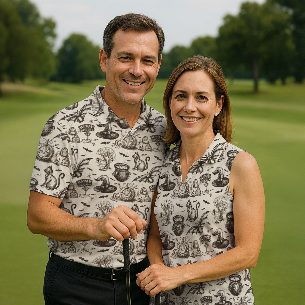 Halloween Witch Cat Pattern Fun Women's Golf Shirts, Ladies Golf Tops, Golf Shirt For Women