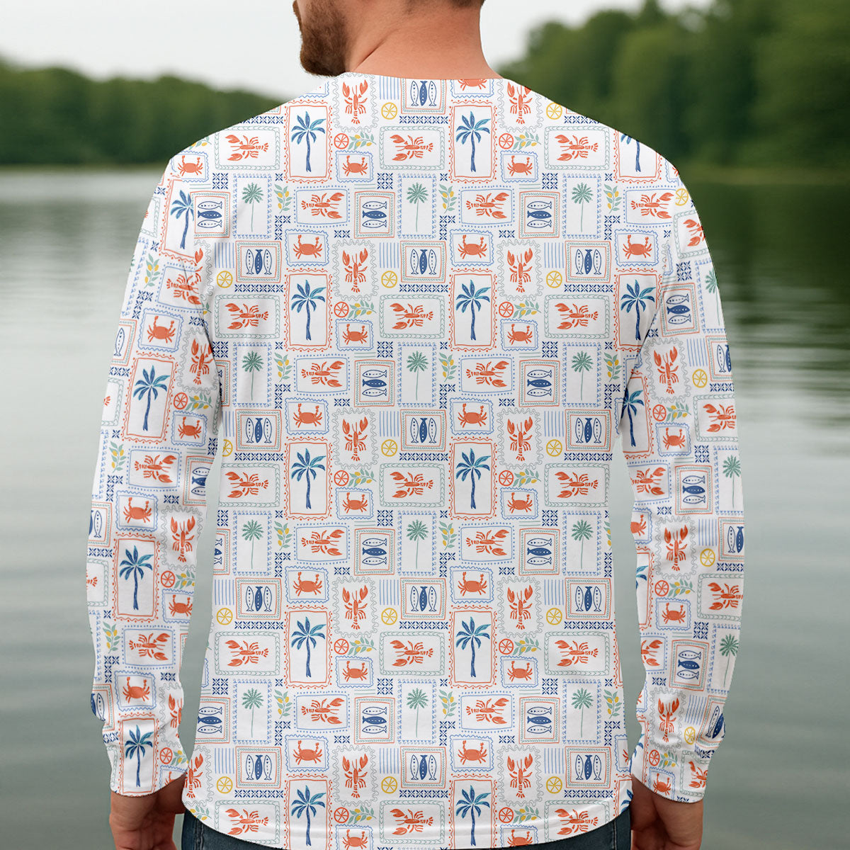 Seafood Patchwork Pattern Tropical Theme Fishing UPF Shirts, Fishing Shirts For Men
