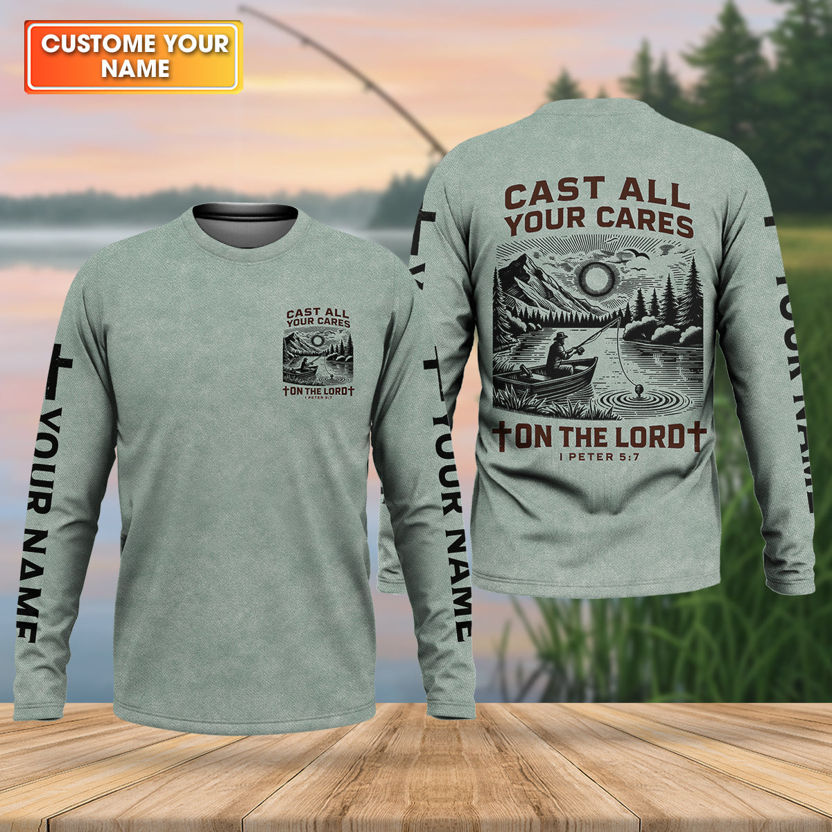 Cast All Your Cares On The Lord Faith Cross Fishing UPF Shirts, Christian Fishing Shirts For Men