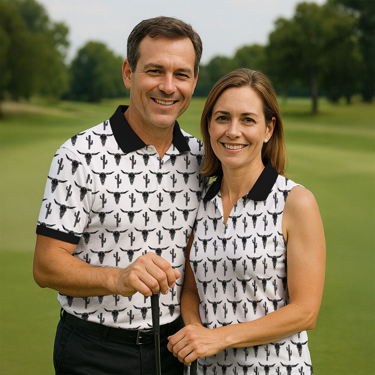Longhorn Cow Skull Western Theme White Golf Tops For Men, Polo ShirtFor Men, Golf Shirts For Men