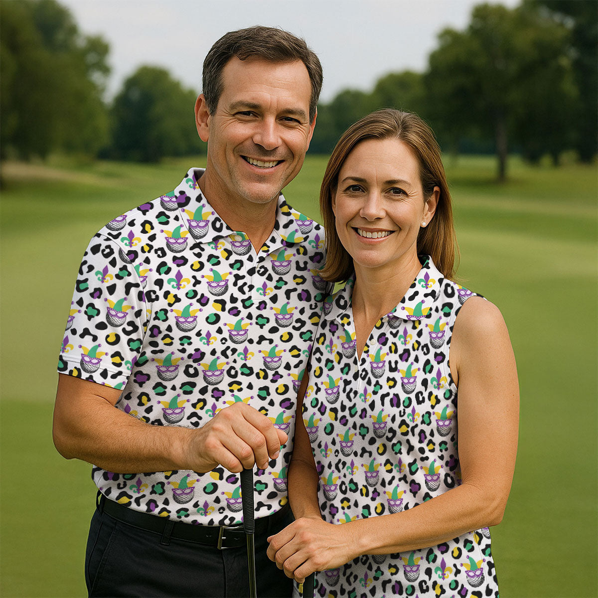 Mardi Gras Mask Leopard Spots Funny Golf Ball Women's Golf Tops, Fun Women's Golf Shirts, Ladies Golf Polos
