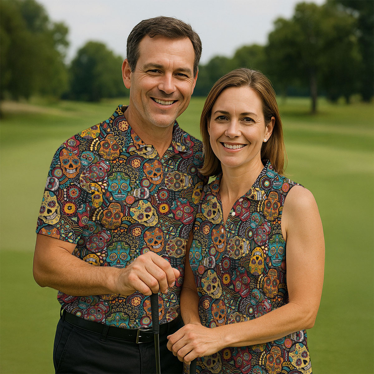 Colorful Sugar Skull Halloween Polo Shirt, Golf Shirts For Men, Golf Apparel For Men