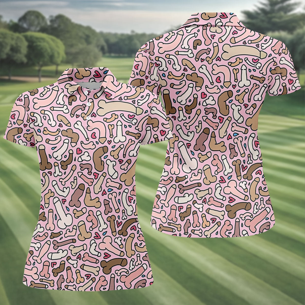 Funny Adult Doodle Pink Pattern Polo Shirt, Womens Golf Polo, Golf Shirts For Women