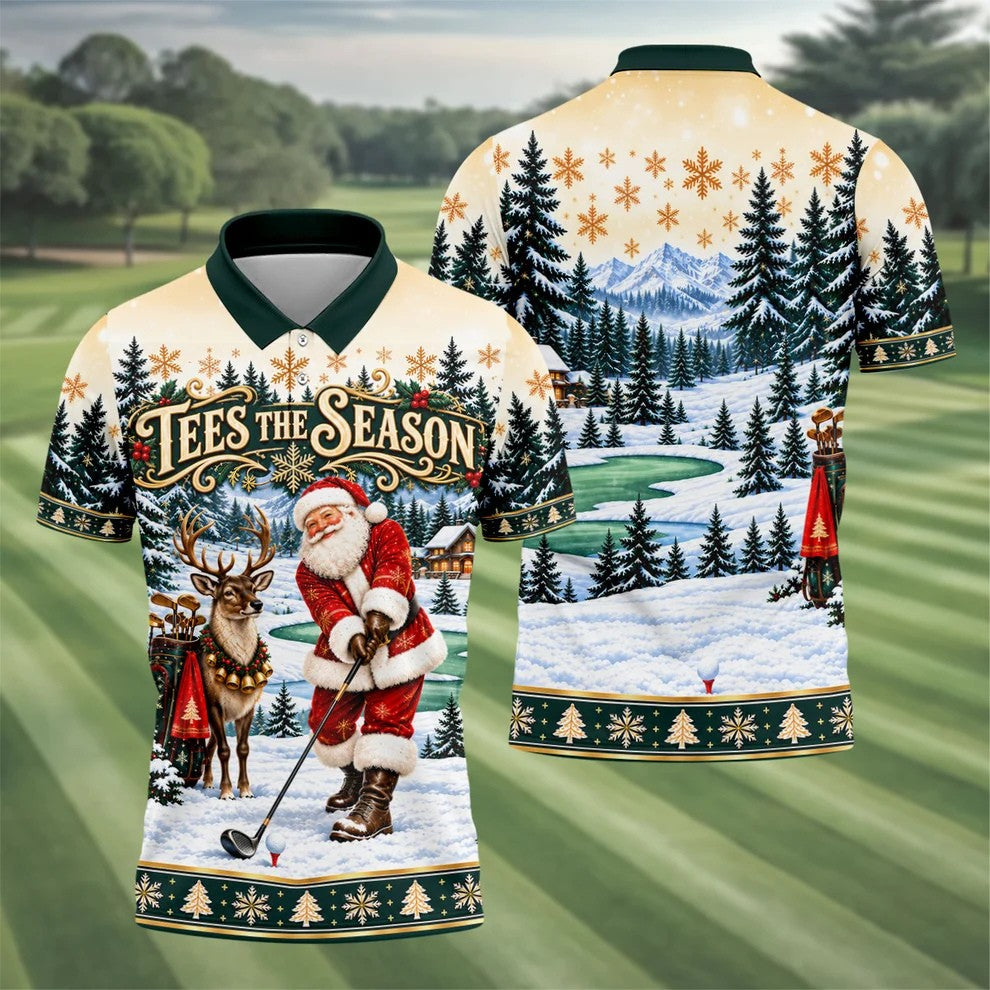Tees The Season Santa Christmas Golf Shirt, Mens Golf Apparel, Golf Gifts For Men