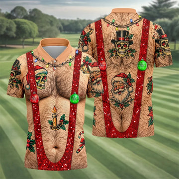 Santa Skull Hairy Chest Christmas Golf Shirt, Mens Golf Polo, Golf Shirts For Men