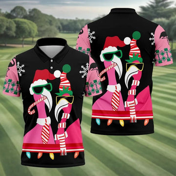 Pink Flamingo Christmas Pattern Golf Shirt, Mens Golf Polo, Golf Shirts For Men