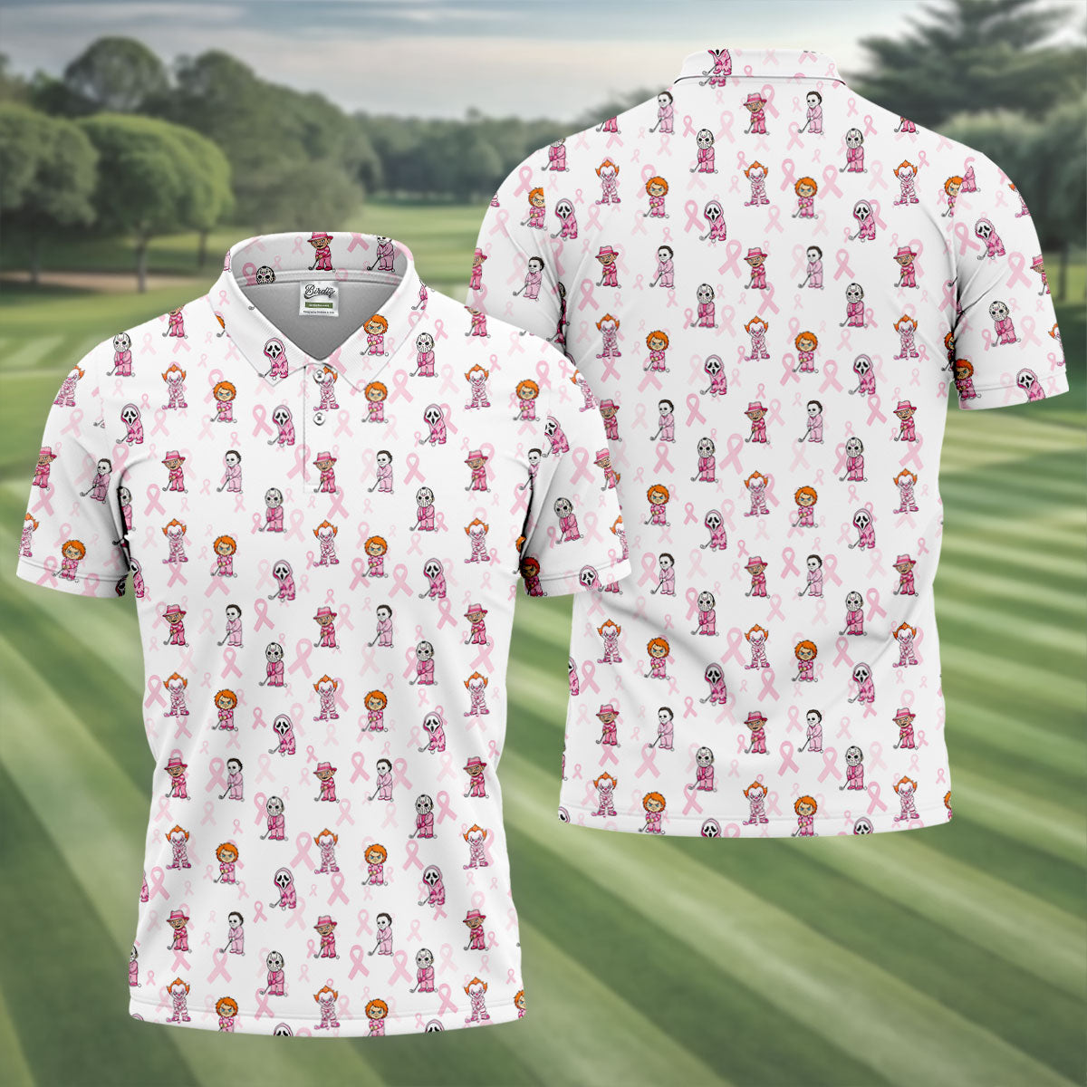 Breast Cancer Chibi Horror Character Polo Shirt, Mens Golf Shirts, Golf Apparel For Men