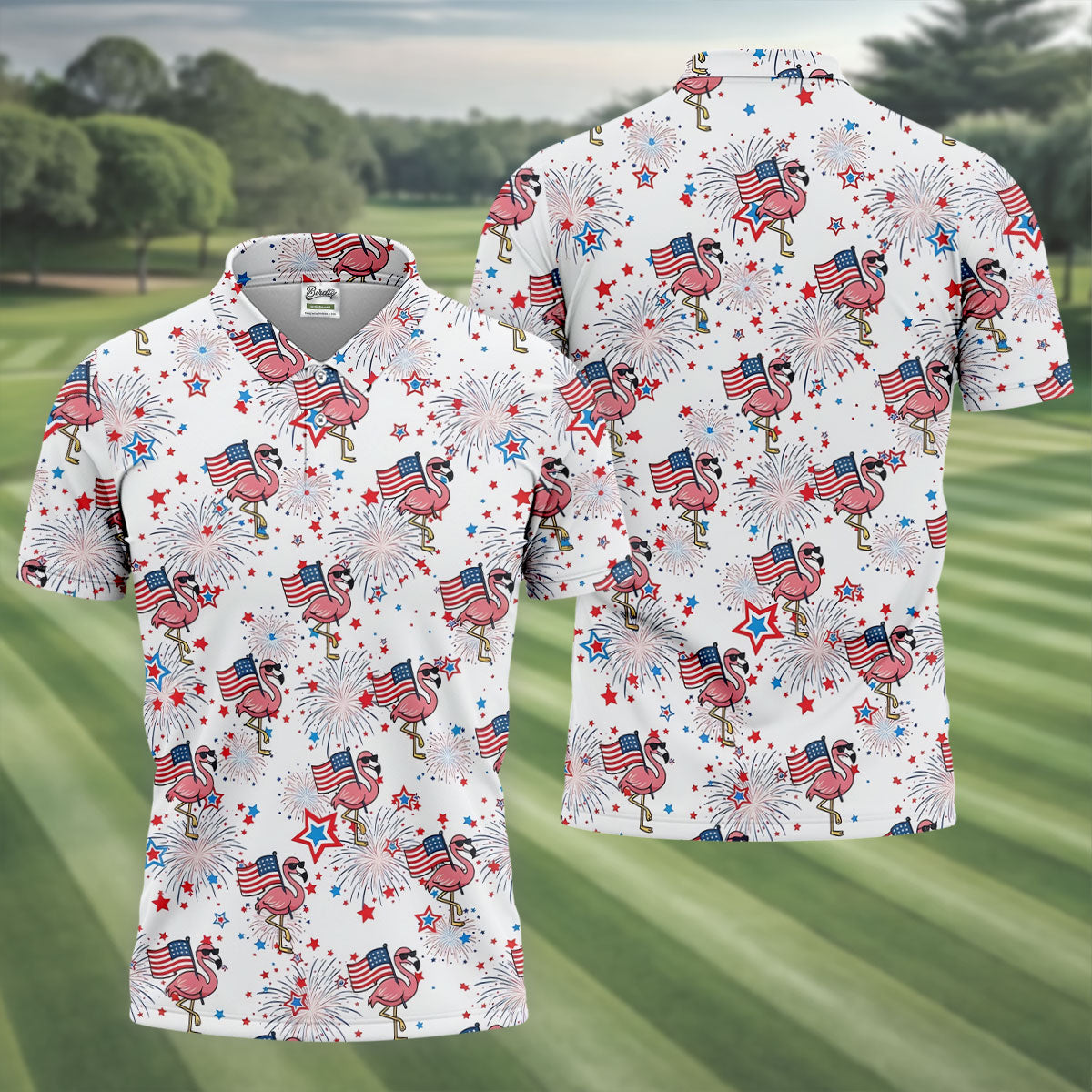 Patriotic Flamingo American Flag Polo Shirt, Mens Golf Polo, Golf Shirts For Men