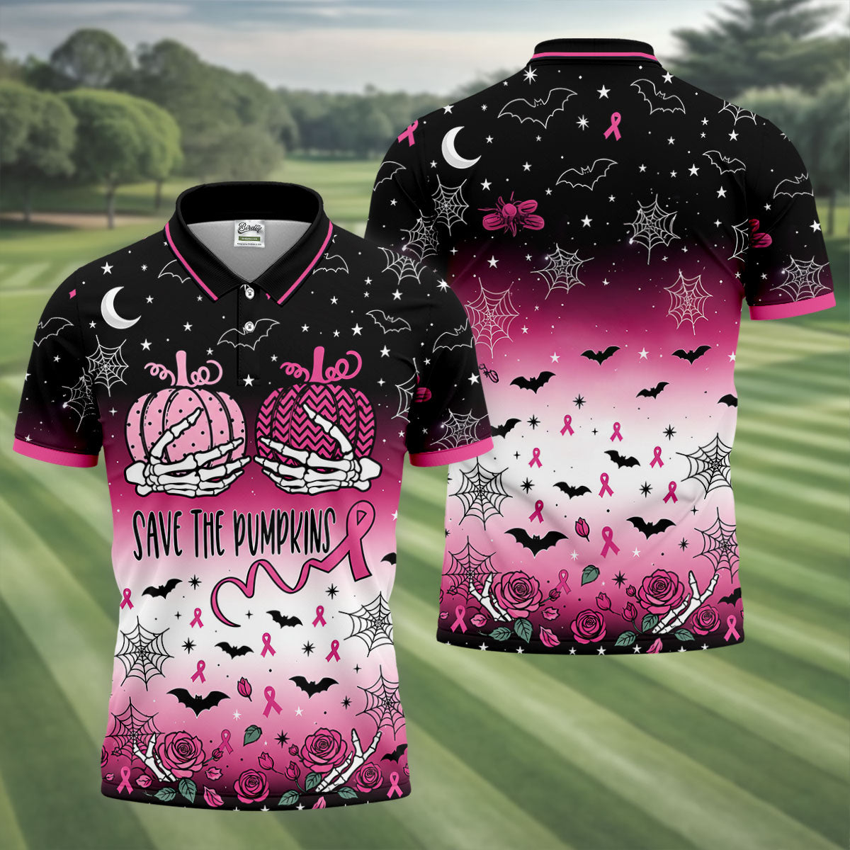 Save The Pumpkins Halloween Breast Cancer Polo Shirt, Mens Golf Polo, Mens Golf Shirts