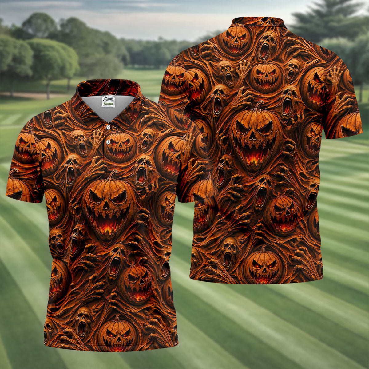 Halloween Evil Pumpkin Ghost Horror Character Polo Shirt, Golf Polo, Mens Golf Shirts