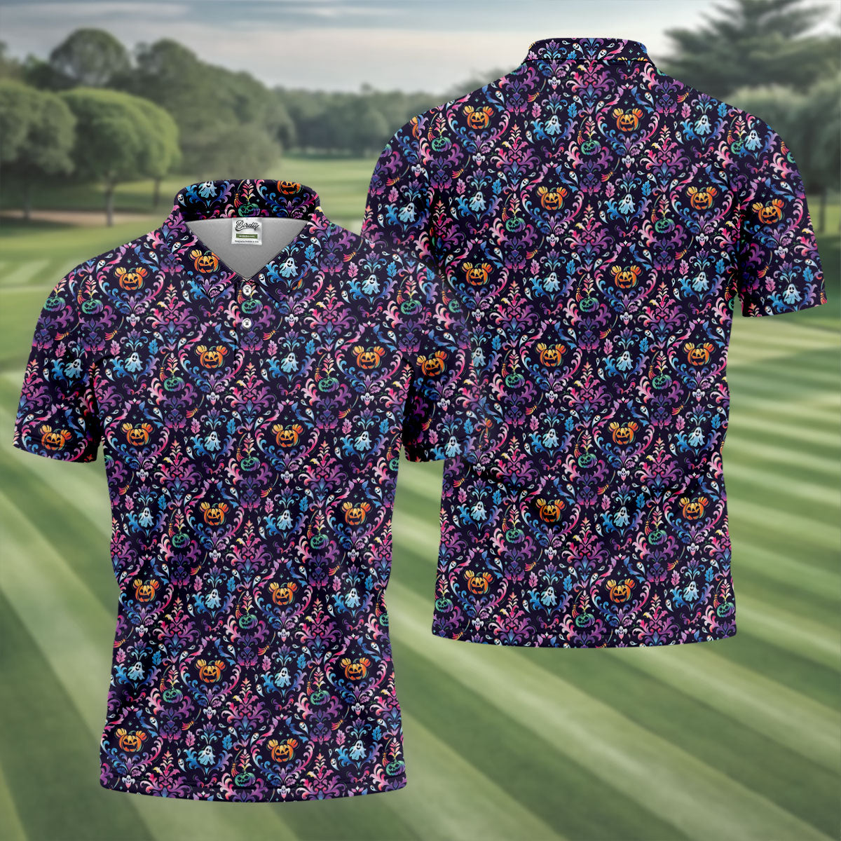 Colorful Ghost Pumpkin Floral Halloween Polo Shirt, Mens Golf Polo, Printed Golf Shirts