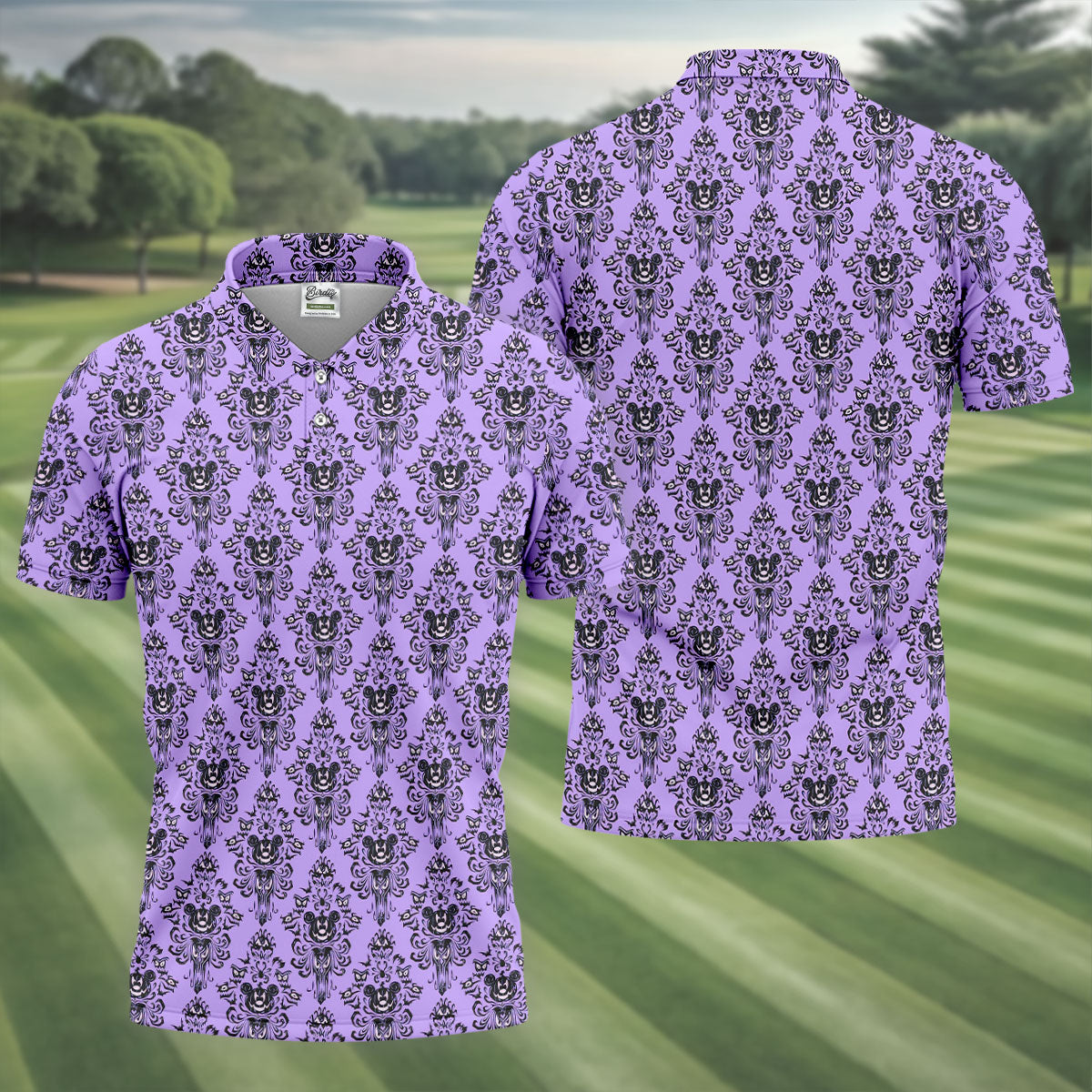 Purple Demon Face And Bat Halloween Polo Shirt, Golf Shirts For Men, Mens Golf Apparel