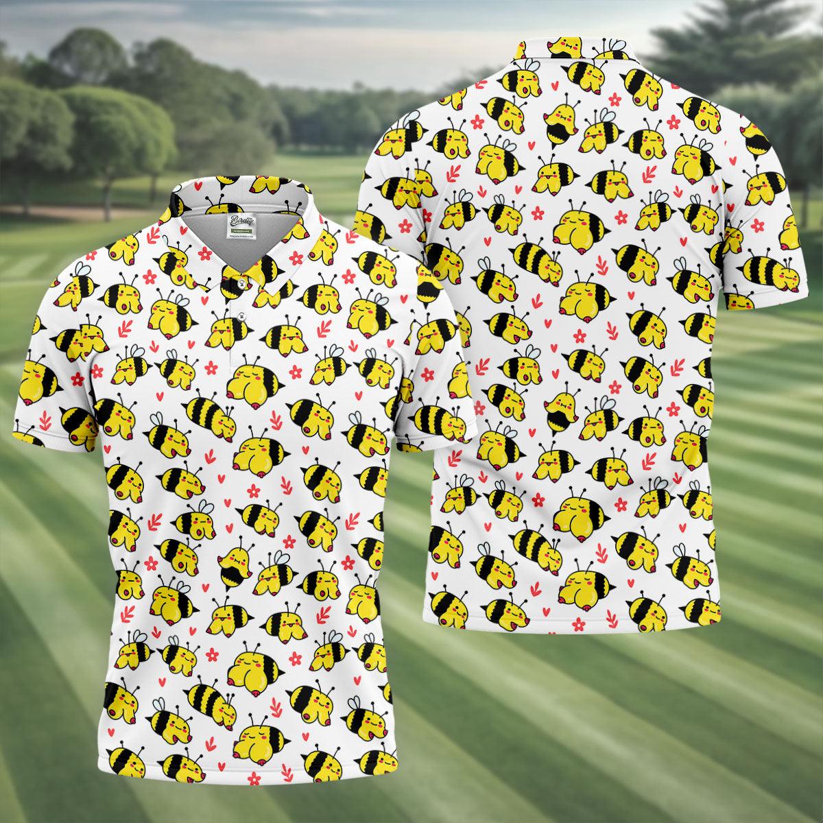Funny Bee Breast Cancer Pattern Polo Shirt, Mens Golf Shirts, Golf Polo Shirts For Men
