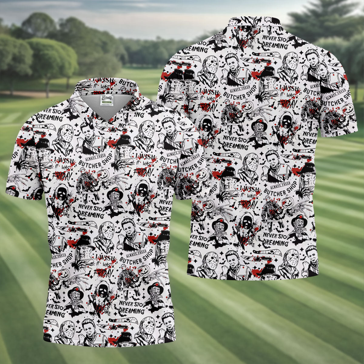 Classic Horror Character Collage Halloween Polo Shirt, Men's Golf Shirt, Mens Golf Apparel