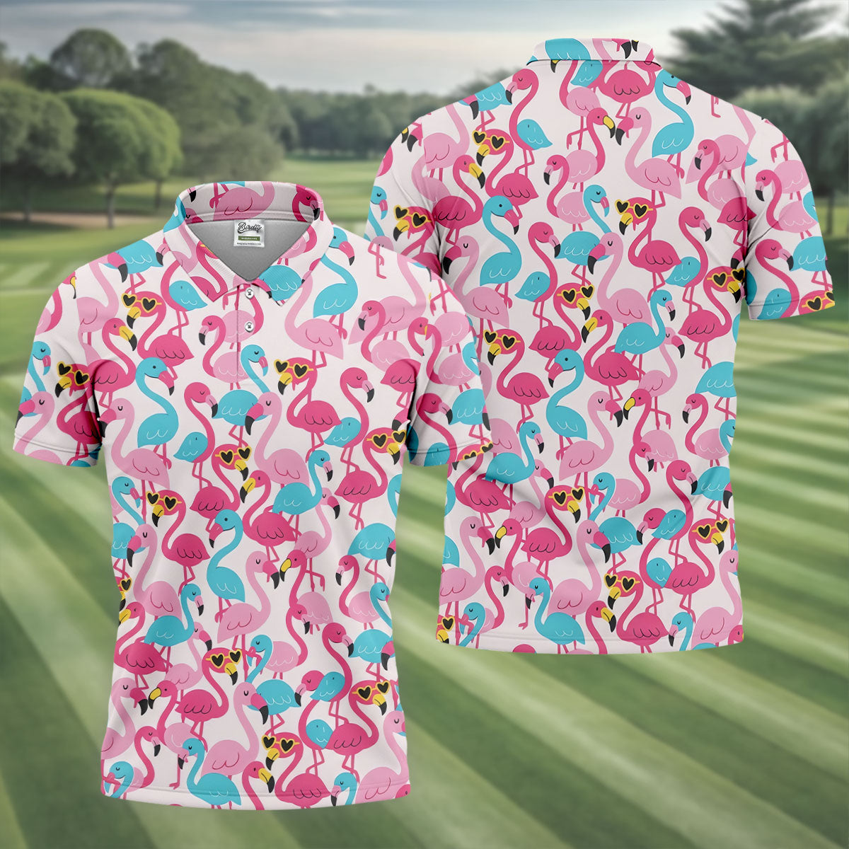 Funny Pink Flamingo Pattern Polo Golf Shirt, Mens Golf Polo, Golf Shirts For Men