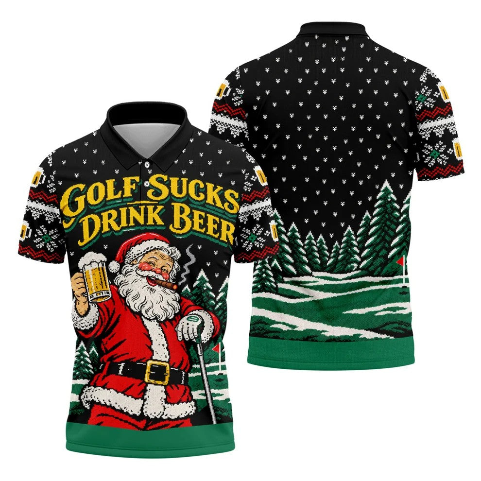 Golf Sucks Drink Beer Santa Christmas Golf Shirt, Mens Golf Polo, Golf Shirts For Men