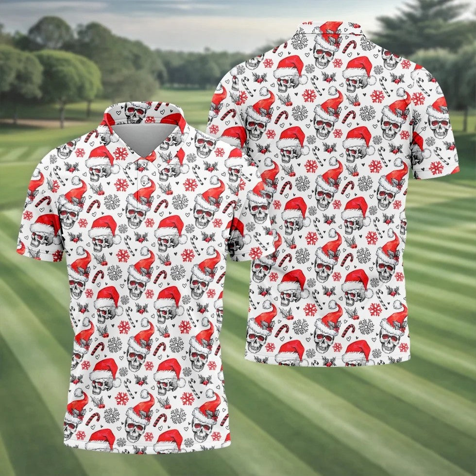 Skull Christmas Golf Tops For Men, Funny Horror Polo Shirts For Men, Christmas Golf Shirt, Golfing Apparel