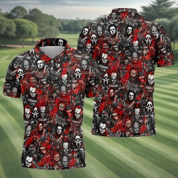 Red Horror Character Collage Halloween Golf Shirt, Men's Golf Shirt, Hawaiian Golf Shirt