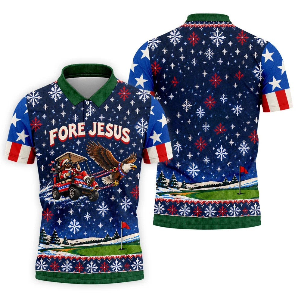 Fore Jesus Eagle Flag Christmas Golf Shirt, Golf Shirts For Men, Mens Golf Shirts