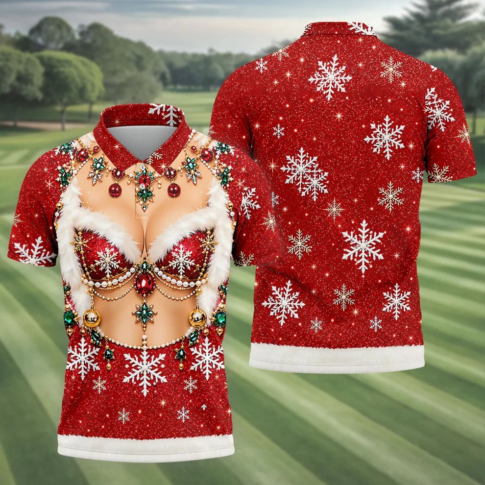 Jeweled Glitter Bra Christmas Golf Shirt, Golf Polo For Men, Mens Holiday Golf Shirts