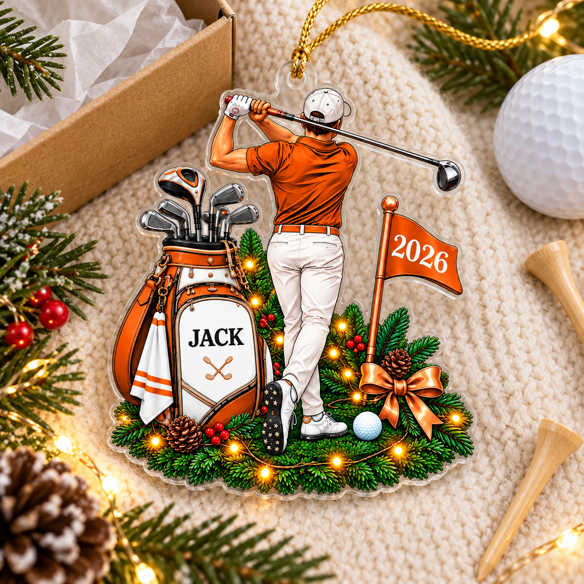 Custom Name Orange Male Golfer Acrylic Ornament, Christmas Tree Decor, Golfer Gifts